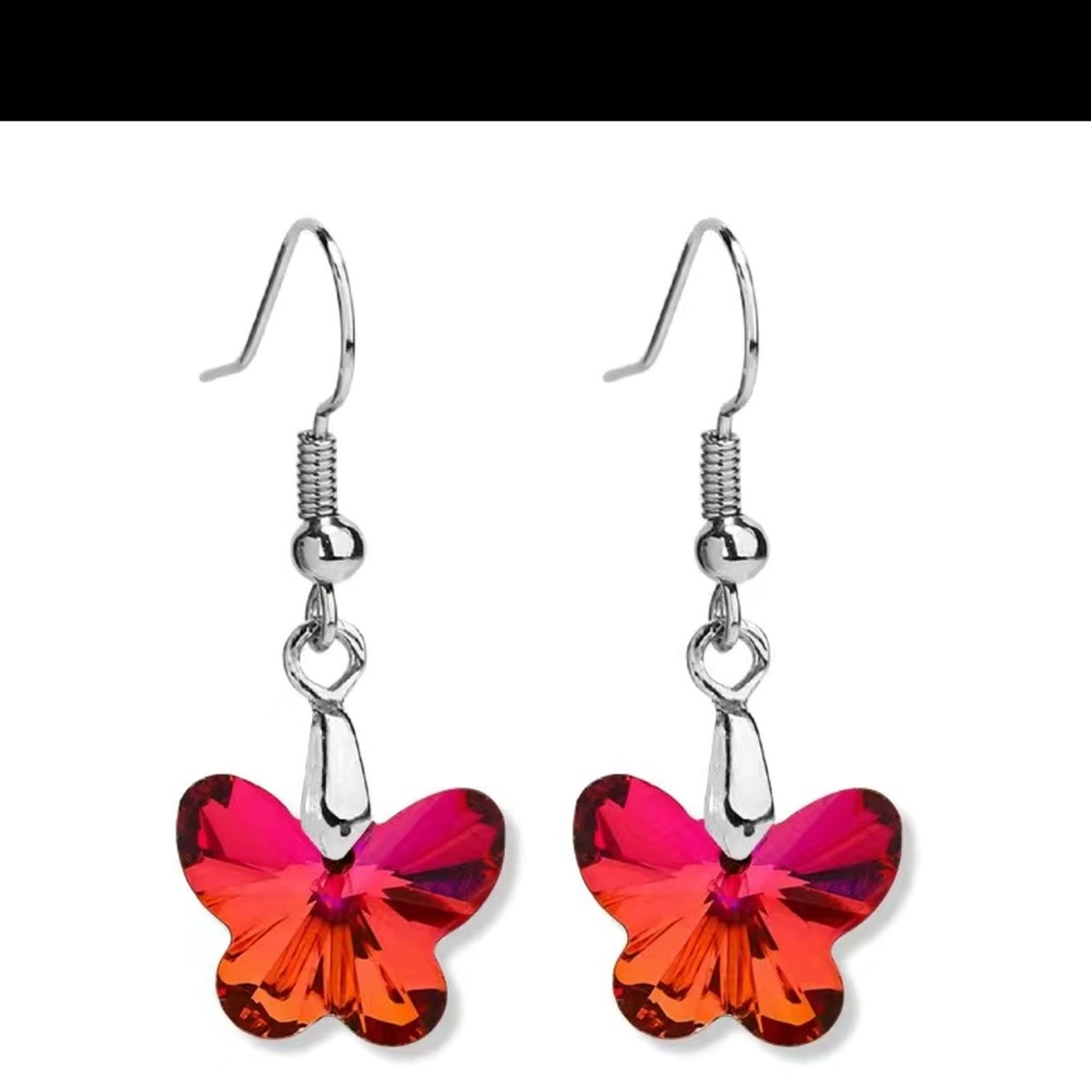Red orange crystal butterfly 925 sterling silver earrings